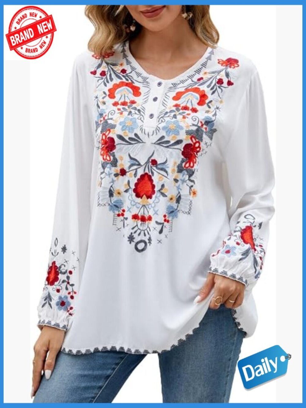 Embroidered Long Sleeve Peasant Tunic Blouse Shirt Floral Boho Trendy